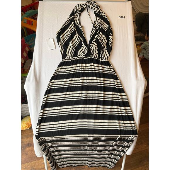Liberty Love Women Maxi Dress size L Sleeveless Sexy V-neck Stripes Black White - Picture 10 of 10